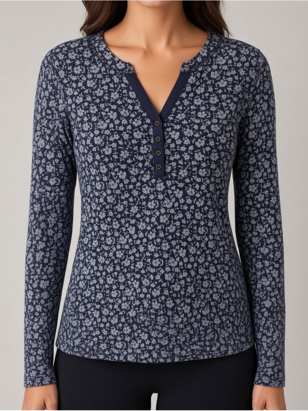Lucky Brand Navy Floral Henley Long-Sleeve Top NWOT Size Medium